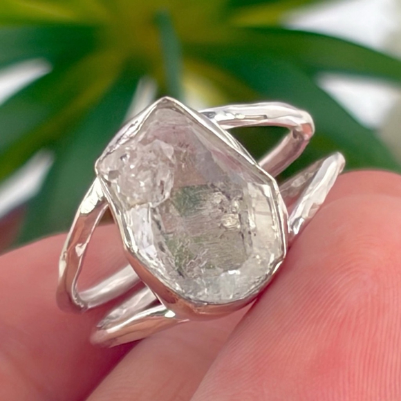 Southwest Jewelry - Natural Raw Cut Herkimer Diamond Ring Size 8 1/2 Chunky Boho Contemporary 925